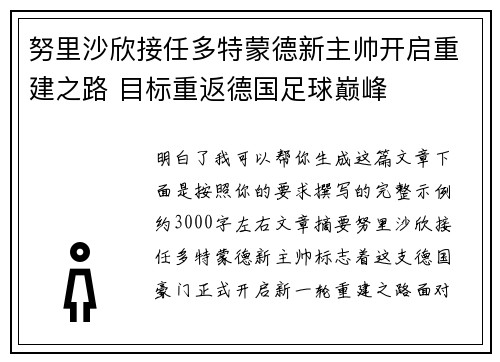 努里沙欣接任多特蒙德新主帅开启重建之路 目标重返德国足球巅峰